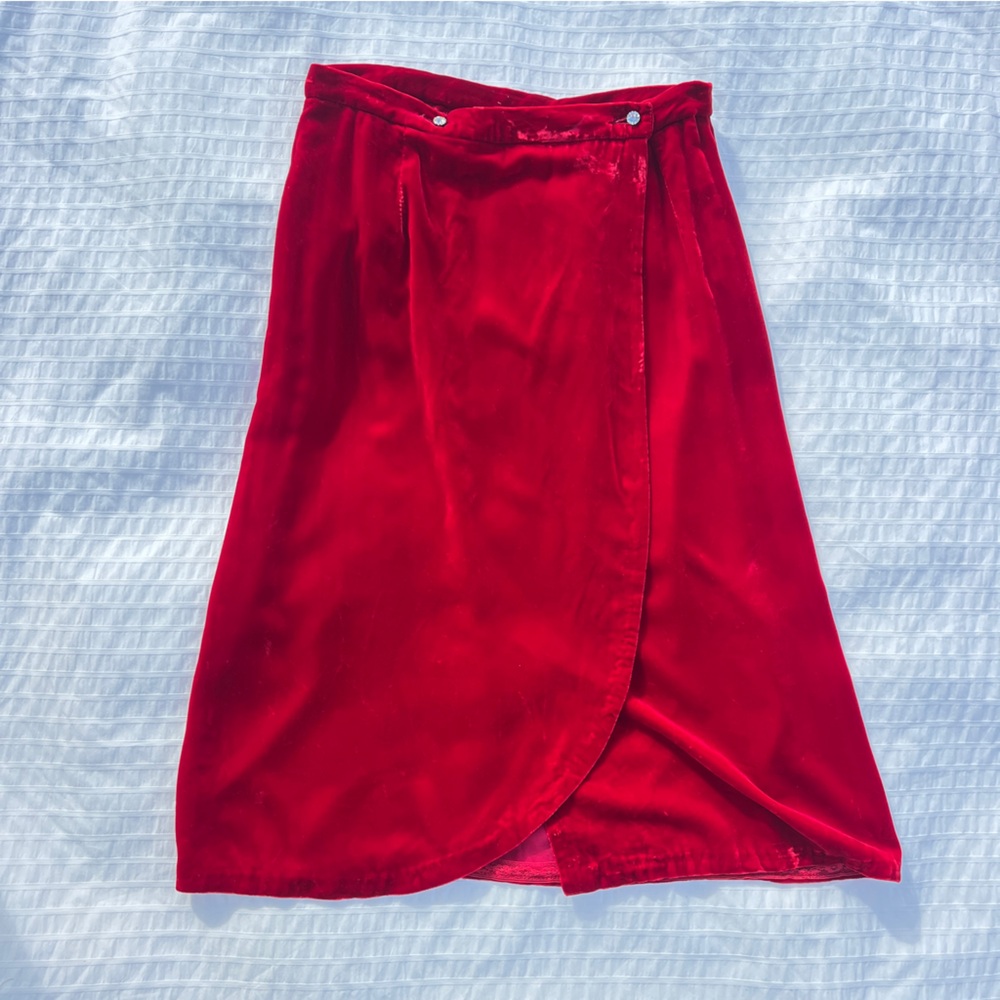 VTG Red Velvet Midi Wrap Skirt with Rhinestone Buttons, Vintage 14